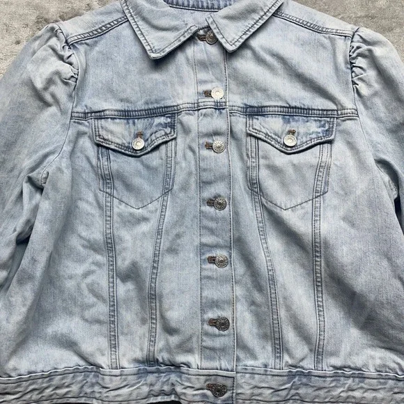 Express Jeans Jacket Women's XL Blue Denim Long Sleeve Button Jacket Cropped - Picture 3 of 8